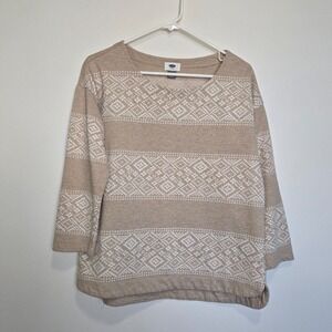 Old Navy Women's Top L Large Beige Tan 3/4 Sleeve Crewneck Aztec‎ Casual Shirt